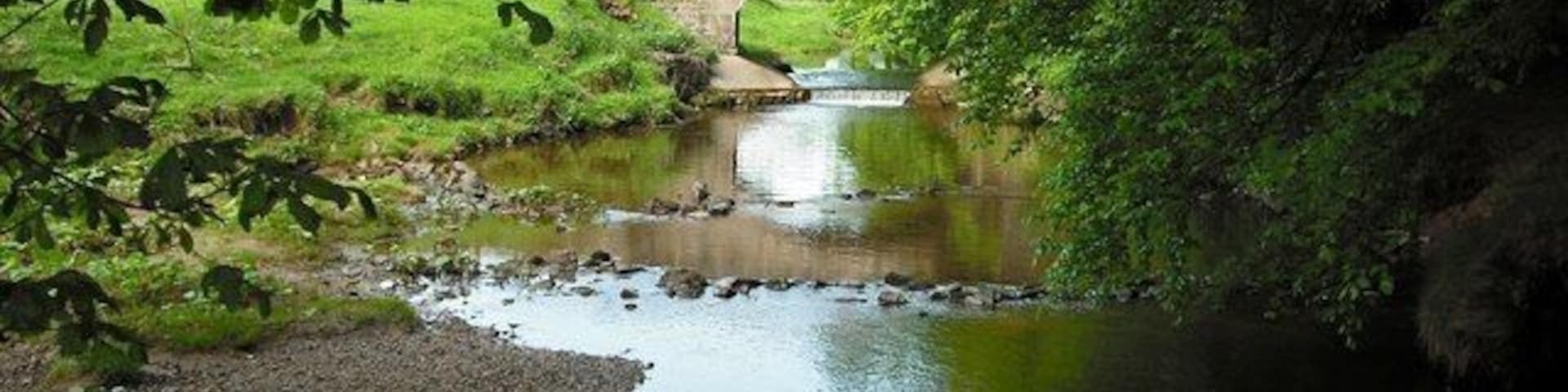 Um rio com uma ponte de pedra, rodeado por vegetação exuberante e um muro de pedra ao fundo.