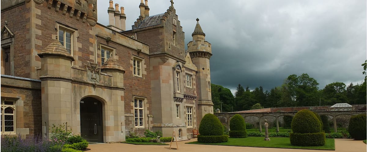 Abbotsford House, the residence of historical novelist and poet, sir Walter Scott's. It is a historic house in the region of the Scottish Borders in the south of Scotland, near Melrose, on the south bank of the River Tweed.