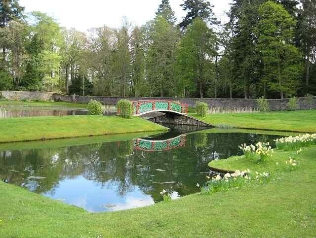 A pond with a bridge, surrounded by green grass and trees.