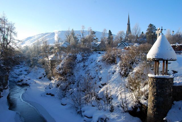 Deep Freeze in Braemar View south from the Clunie Bridge at 11.30am with the temperature at -17C. Braemar is the coldest place in the UK, having twice reached the record low temperature of -27.2C (in 1895 and 1982).