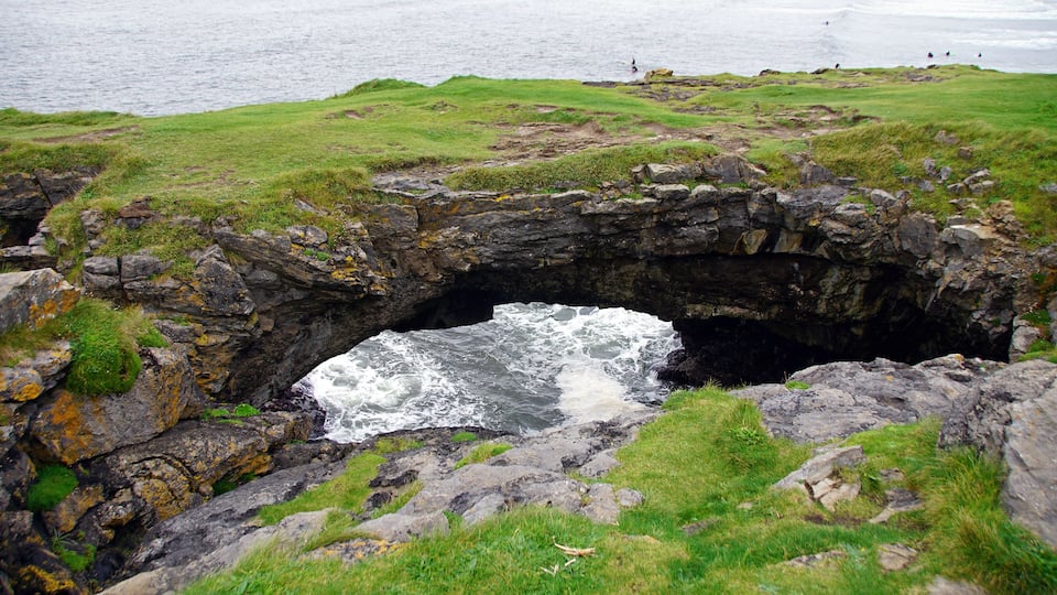 A coastal landscape with a rocky cave entrance, grassy terrain, and the sea in the background.
