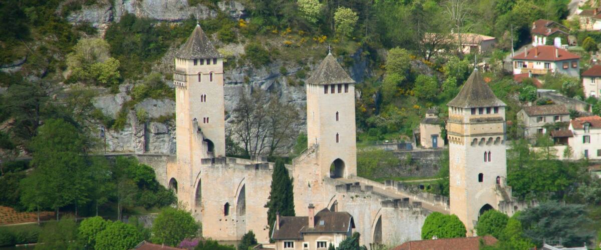 A historic castle with two prominent towers, surrounded by lush greenery and residential buildings.