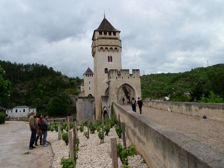 A medieval castle with a tall tower and arched entrance, surrounded by greenery and a cobblestone path.