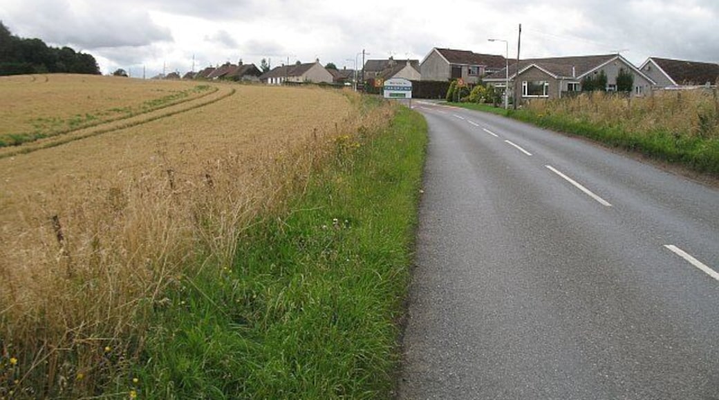Craigrothie Ceres Road entering Craigrothie. Wheat field on the left.
