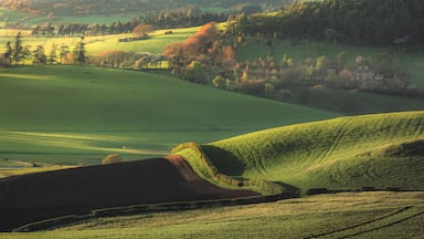 Scenic landscape view of rollimg hills and pastoral countryside farmland in Moonzie near Cupar in Fife, Scotland, UK.