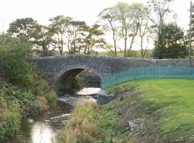Ceres River and Pitscottie bridge. This bridge carries the Cupar to Pitscottie road across the Ceres river. The river is very low in this photo even after two days of heavy rain.
