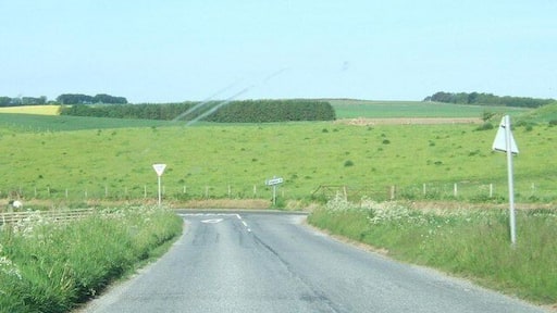 Road junction near Blebo Hole Approaching the main road, coming down from the Craigtoun road.