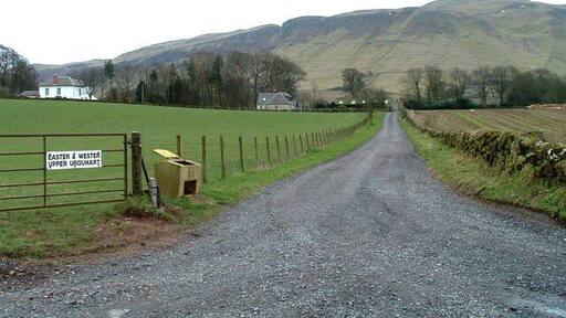 Easter and Wester Upper Urquhart Road to Easter and Wester Urquhart farms with West Lomond in background.