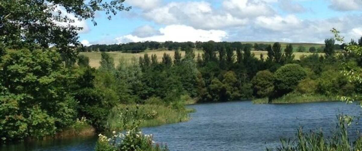A lake surrounded by greenery and trees under a partly cloudy sky.