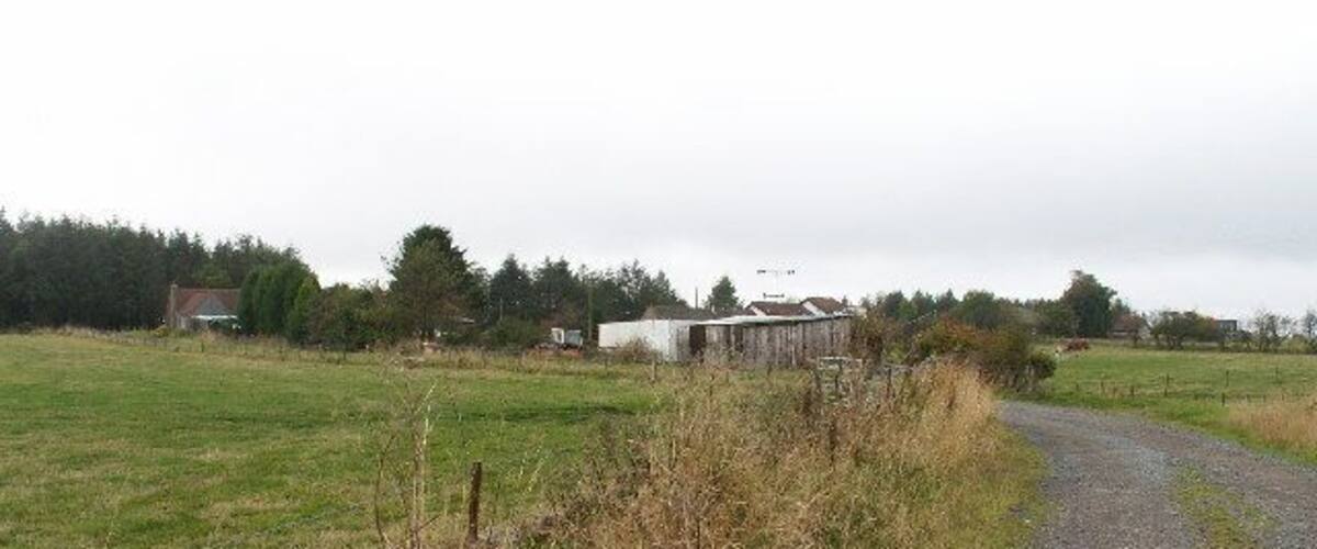 A rural path leading to a farmstead with a barn and a house.