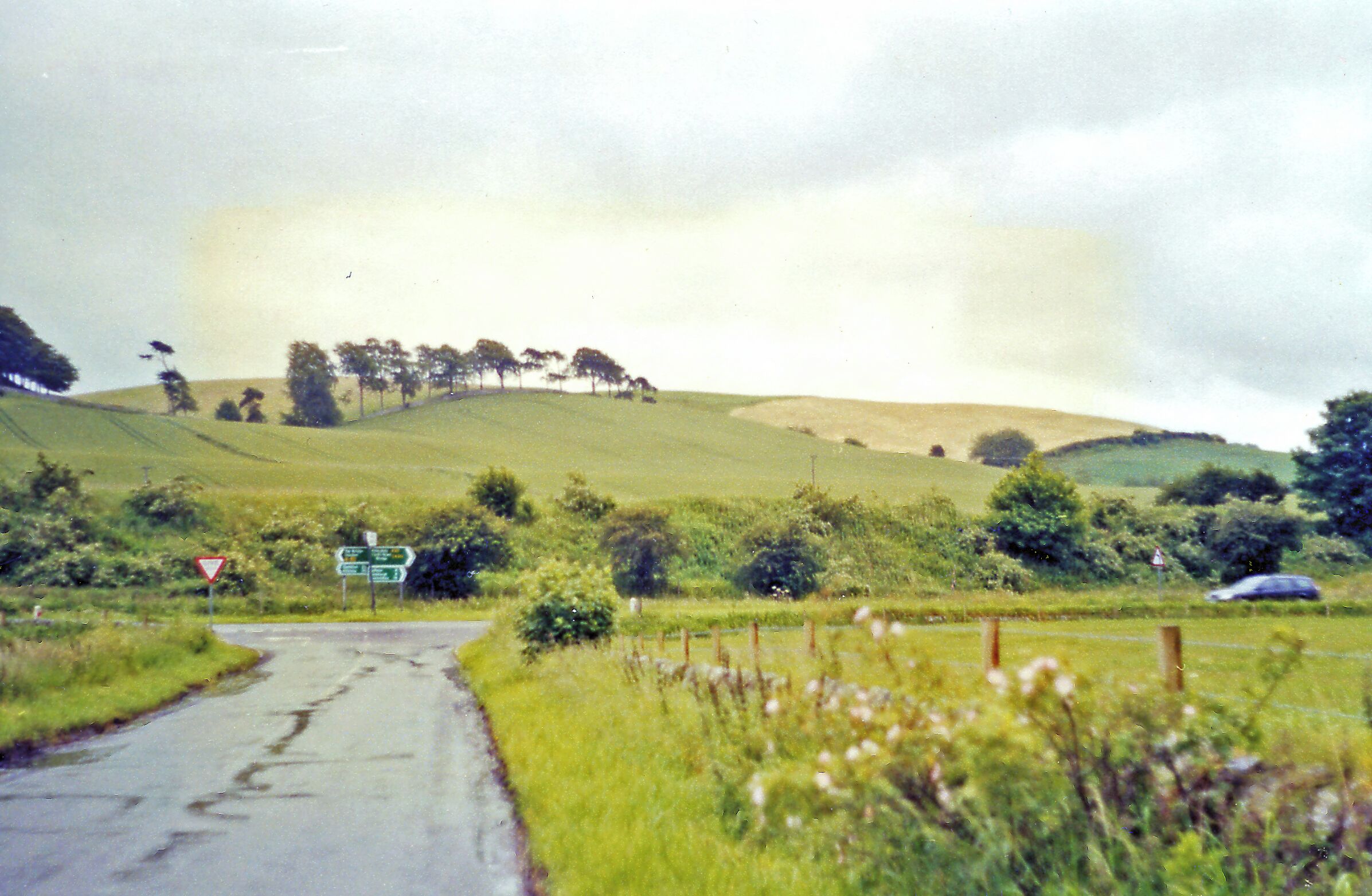 A rural road with a 'no entry' sign, a directional sign, and a car in the distance.