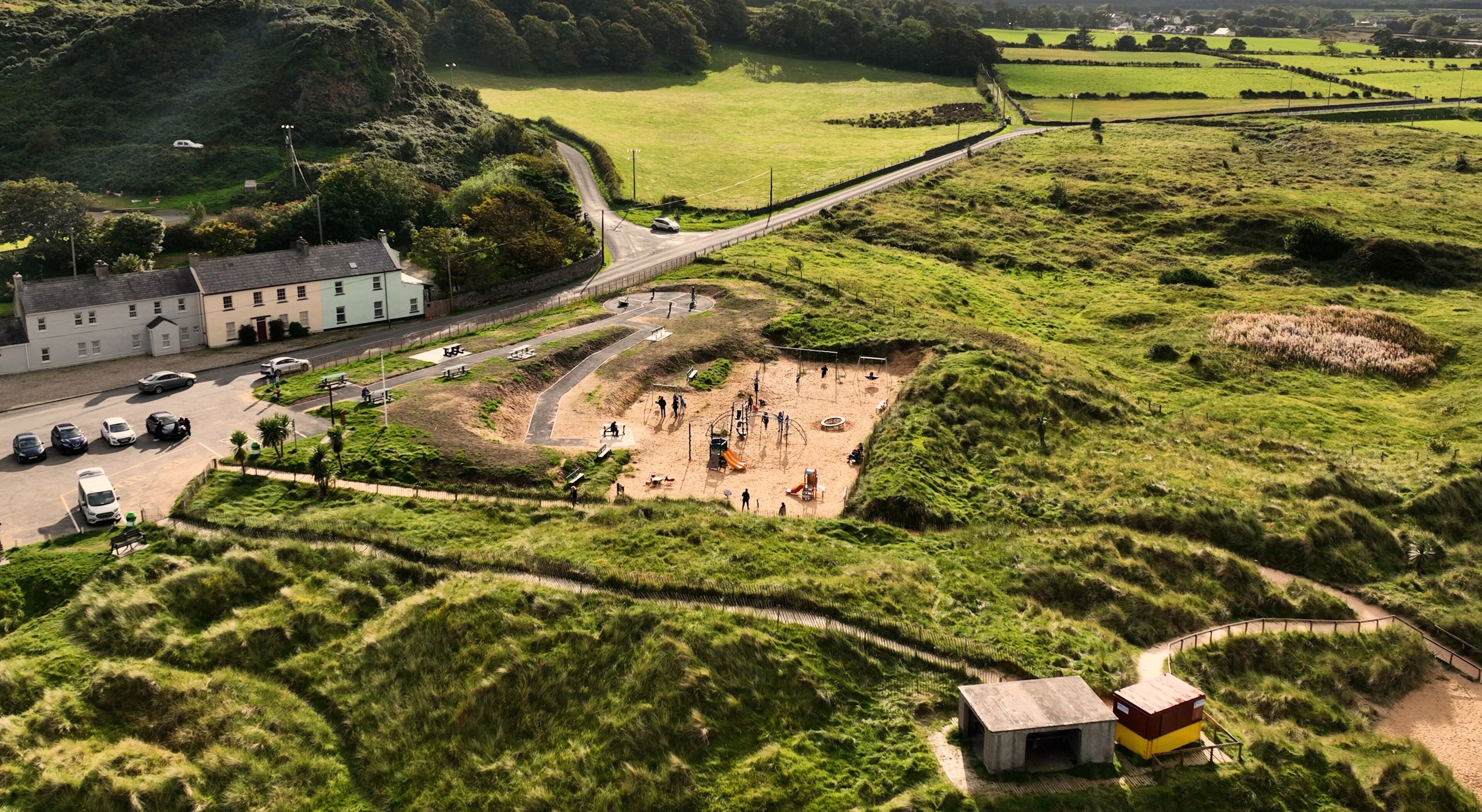 Aerial Photo of playpark at Culdaff Sandy Beach Strand on the Donegal Coast Ireland