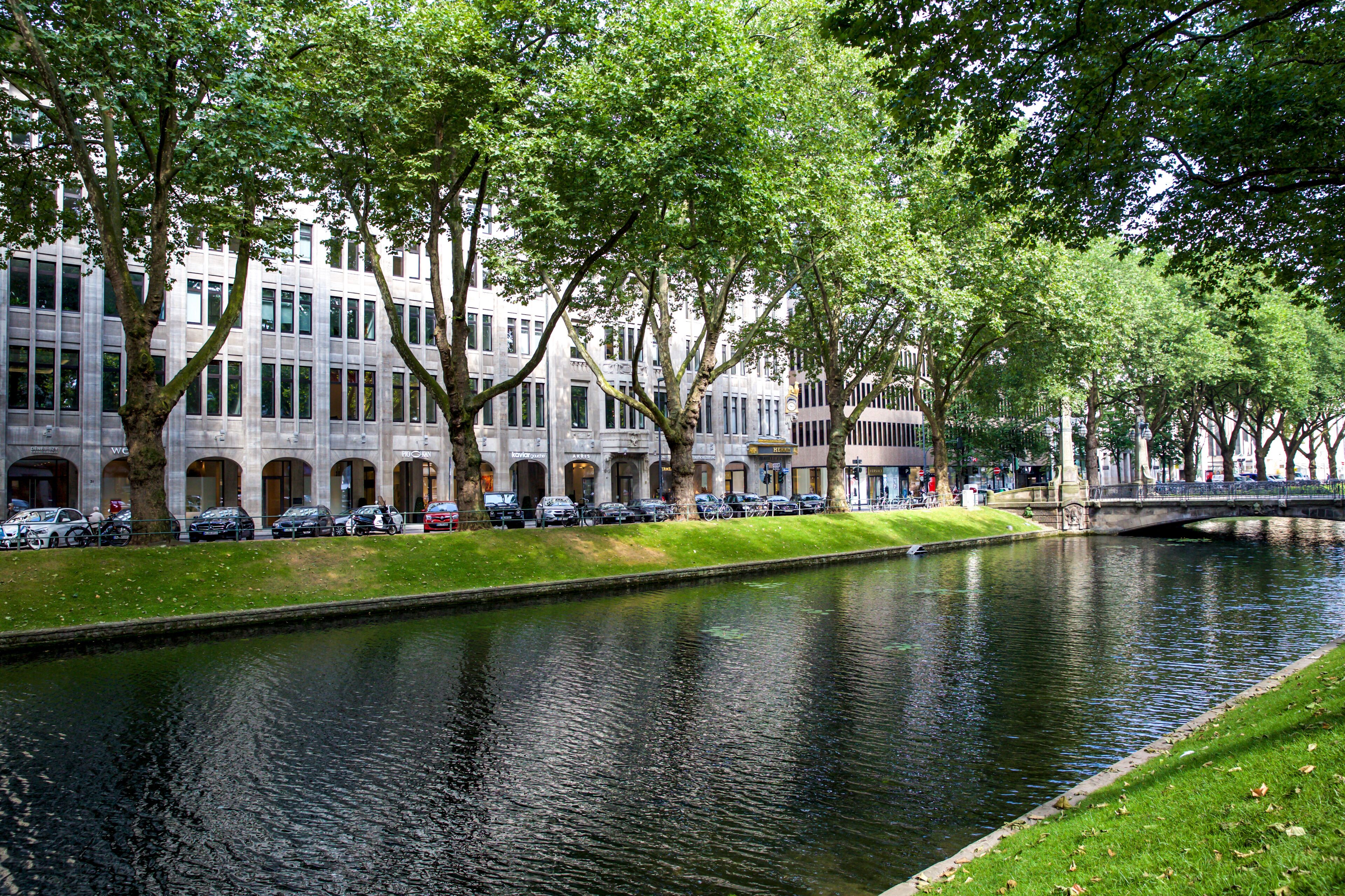 Un canal con un hilero de árboles y un edificio con ventanales arqueados.