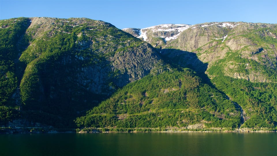 A mountainous landscape with a lake, forested slopes, and a glacier.