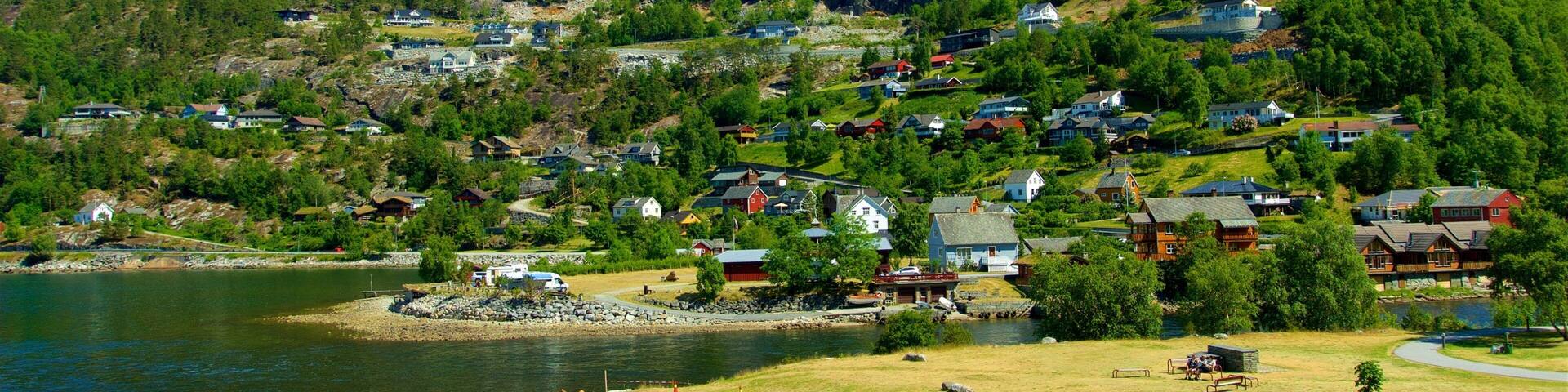 Eidfjord mettant en vedette montagnes, lac ou étang et petite ville ou village