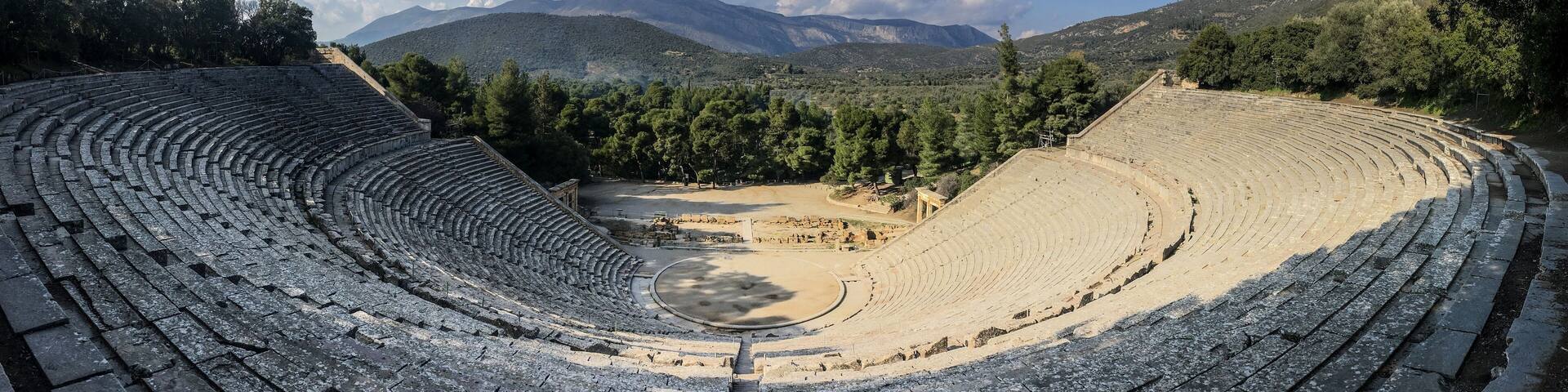 Wideangle panorama of famous ancient Epidauros amphitheater located in Greece near Lighourio