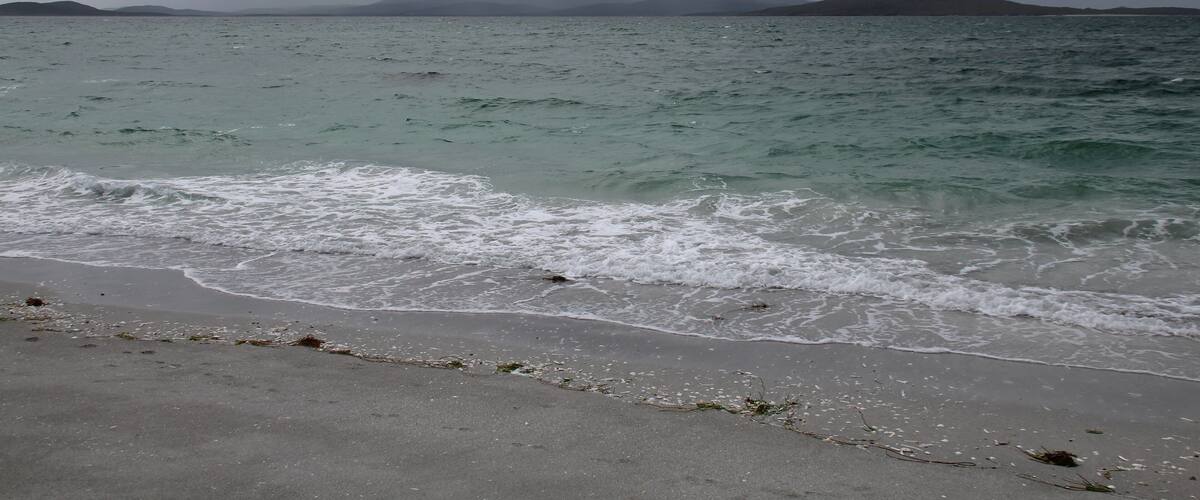 A beach with waves crashing onto the shore under a cloudy sky.