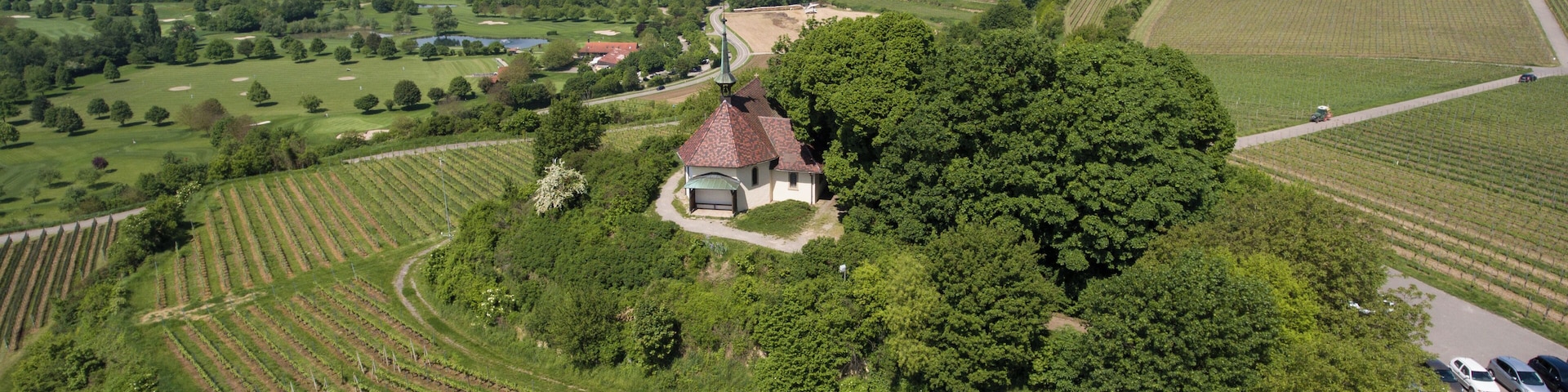 Aerial view Erentrudis chapel above Freiburg-Munzingen