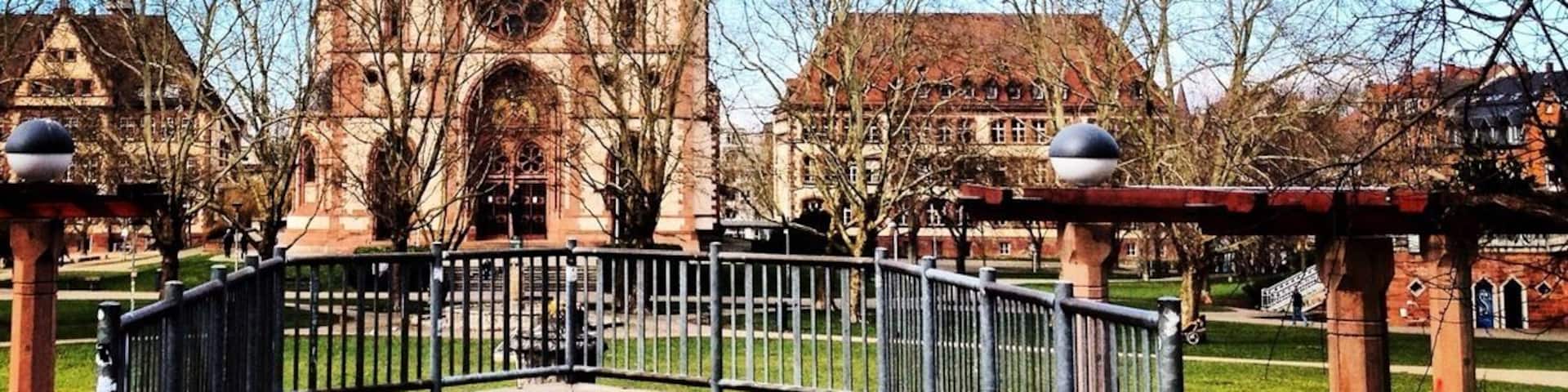 Taken from the intersection of Freiburg's Blue Bridge and Herz-Jesu-Kirche park.