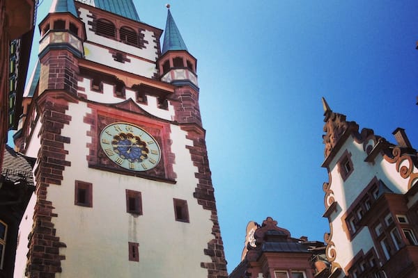When I lived in Freiburg, Germany, I started a free walking tour company, and the Martinstor was my favorite building. It was built in 1200AD, one of four gates protecting the medieval city. Only two remain, as the others were demolished to make way for automobiles. Martinstor was spared, but it did undergo some changes - it was made larger to accommodate traffic. My favorite story though, is this: there is a blank space on the front (seen at the very bottom of this picture). There used to be a painting of St. Martin of Tours, France there, but in the 1960's it was taken down, to be replaced with something more reflective of today's German Freiburg. But nearly 50 years later, it hasn't been decided what should go in its spot, so it's still a blank space! German bureaucracy at its finest. #architecture
