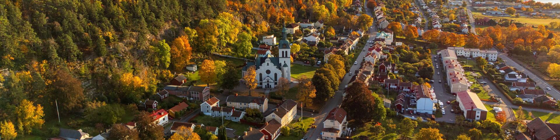A town with a church, houses, and a forested hillside.