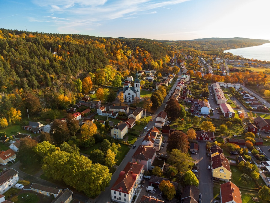 A town with a church, houses, and a forested hillside.
