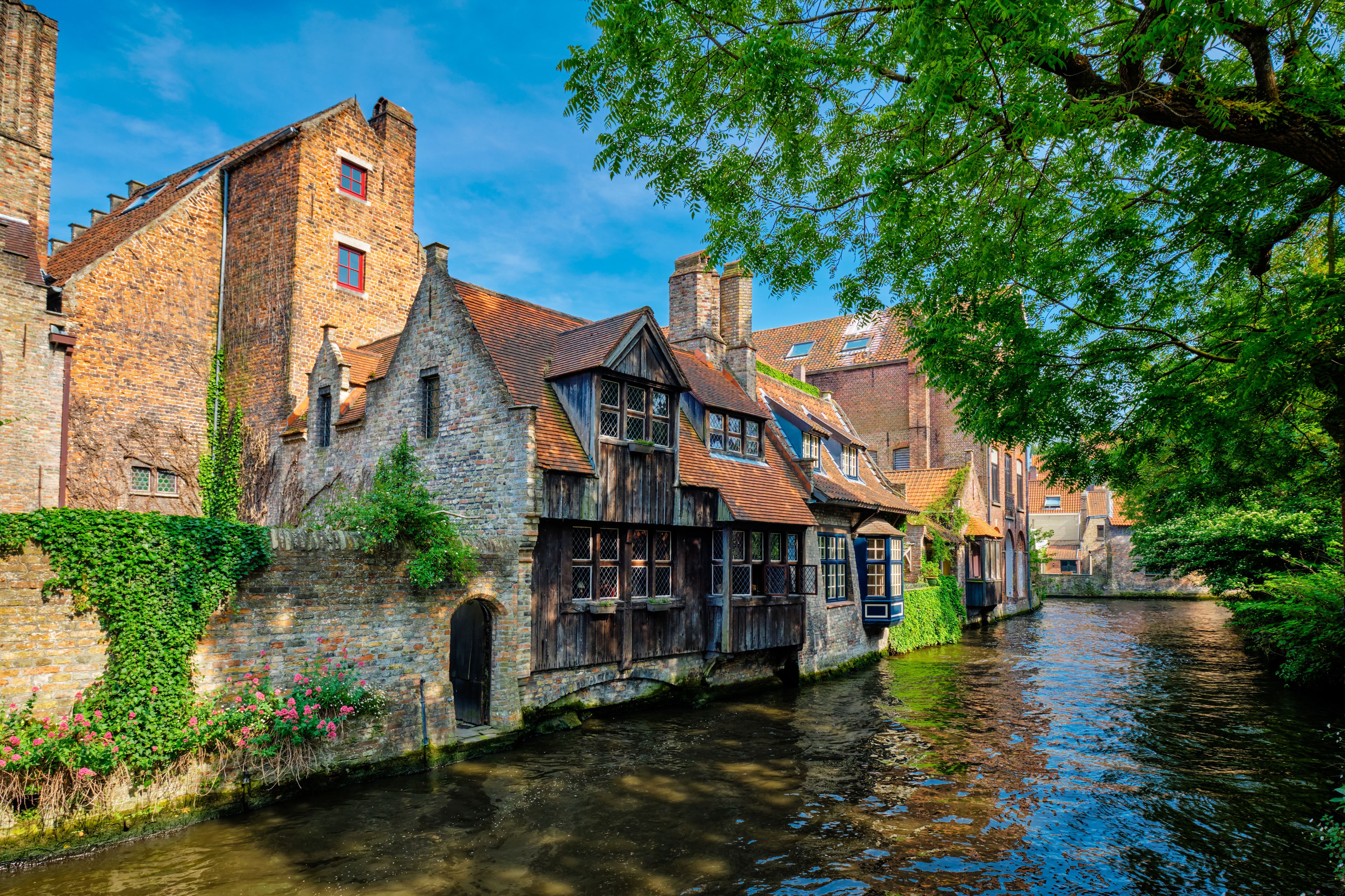 Canal with old houses in Bruge, Beligum