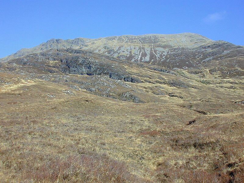 Southern slopes of Beinn Sgritheall Looking up the steep slopes to the even steeper slopes beyond, with the rocky bump of Creag an Fhithich on the left.