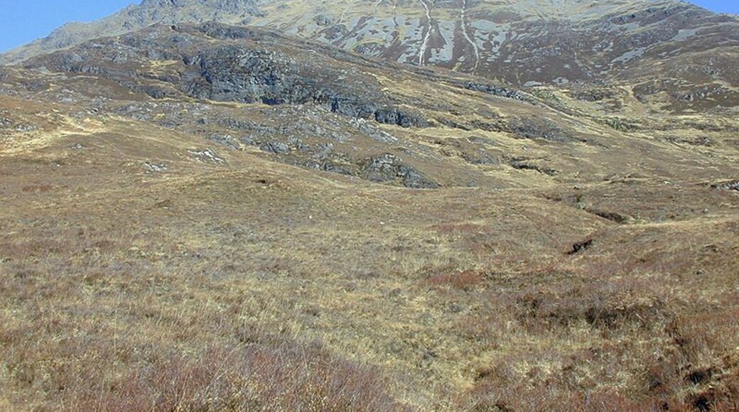 Southern slopes of Beinn Sgritheall Looking up the steep slopes to the even steeper slopes beyond, with the rocky bump of Creag an Fhithich on the left.