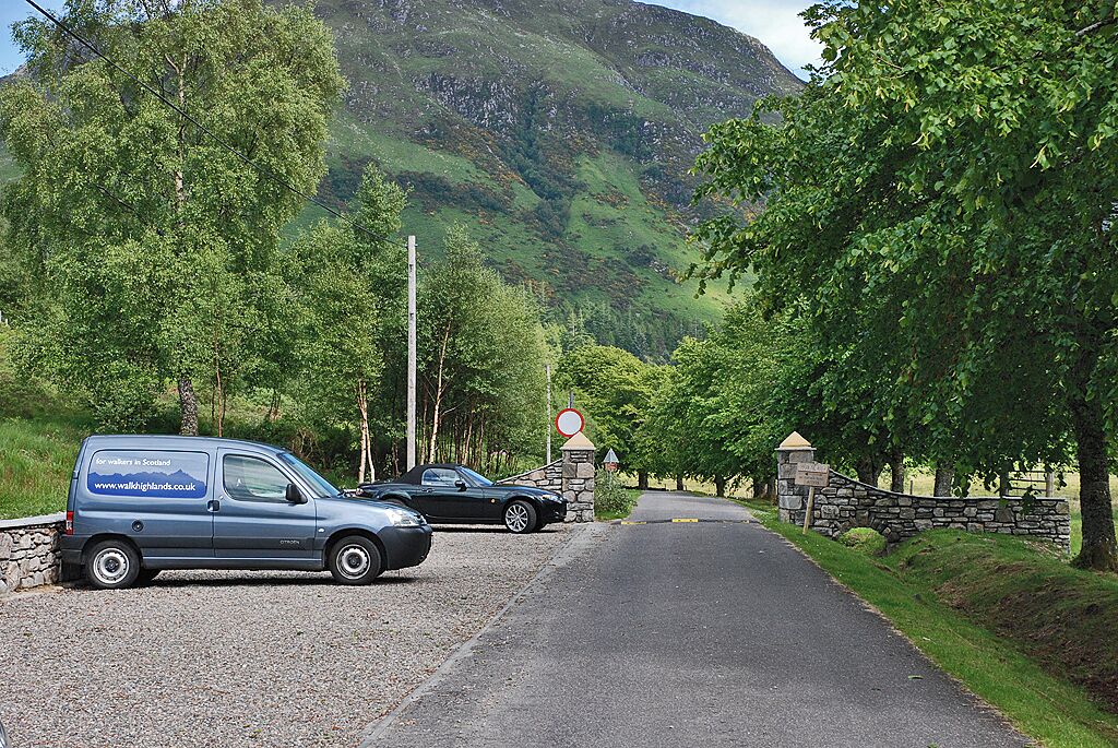 Car park west of Killilan From here on the road is private to the Killilan estate, although in the past it used to be open up to an NTS car park for the Falls of Glomach.