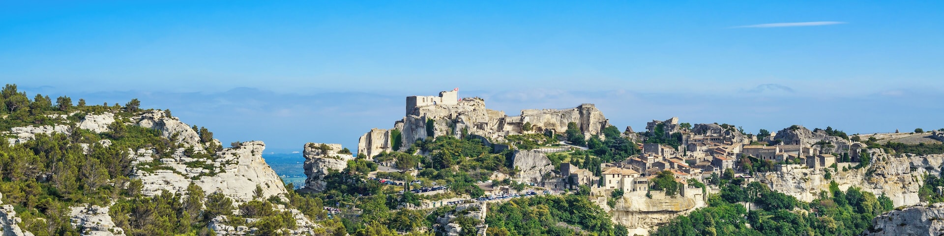 Les Baux de Provence village panoramic view. Provence Alpes Cote Azur, France, Europe.