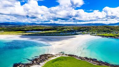 Aerial view of the Inishkeel and the awarded Narin Beach by Portnoo, County Donegal, Ireland