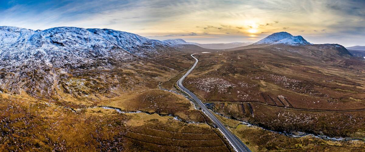 Aerial of the R251 Highway close to Mount Errigal, the highest mountain in Donegal - Ireland