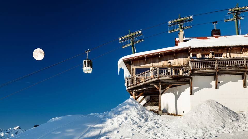 Full Moon and Gondola on Upper Cable Lift Station in French Alps, Megeve
