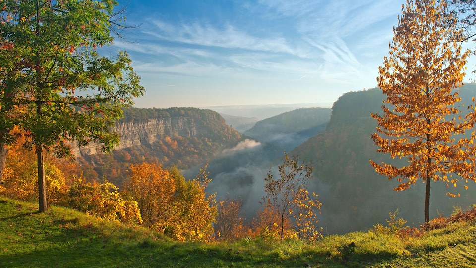 A valley with autumn foliage, a river, and a mountain range.
