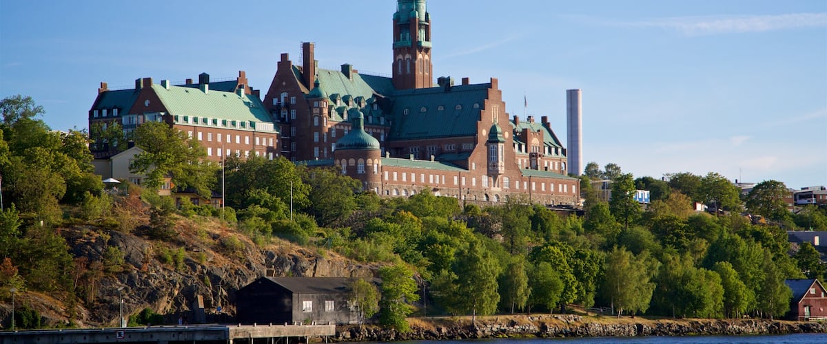 A large historic building with a prominent tower and green roofs, surrounded by lush greenery and a body of water.