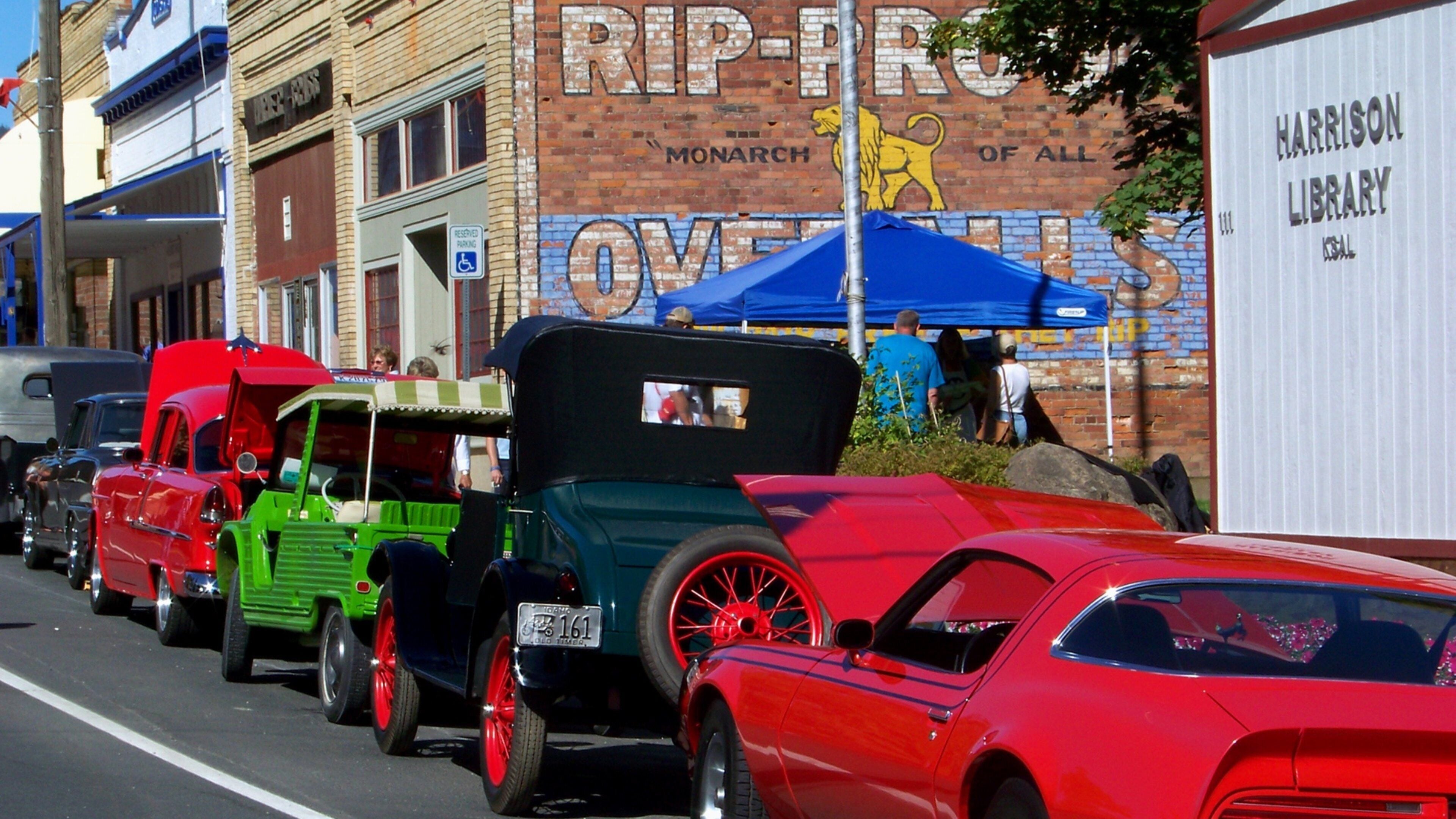 Vintage cars lined up on a street with a mural in the background.