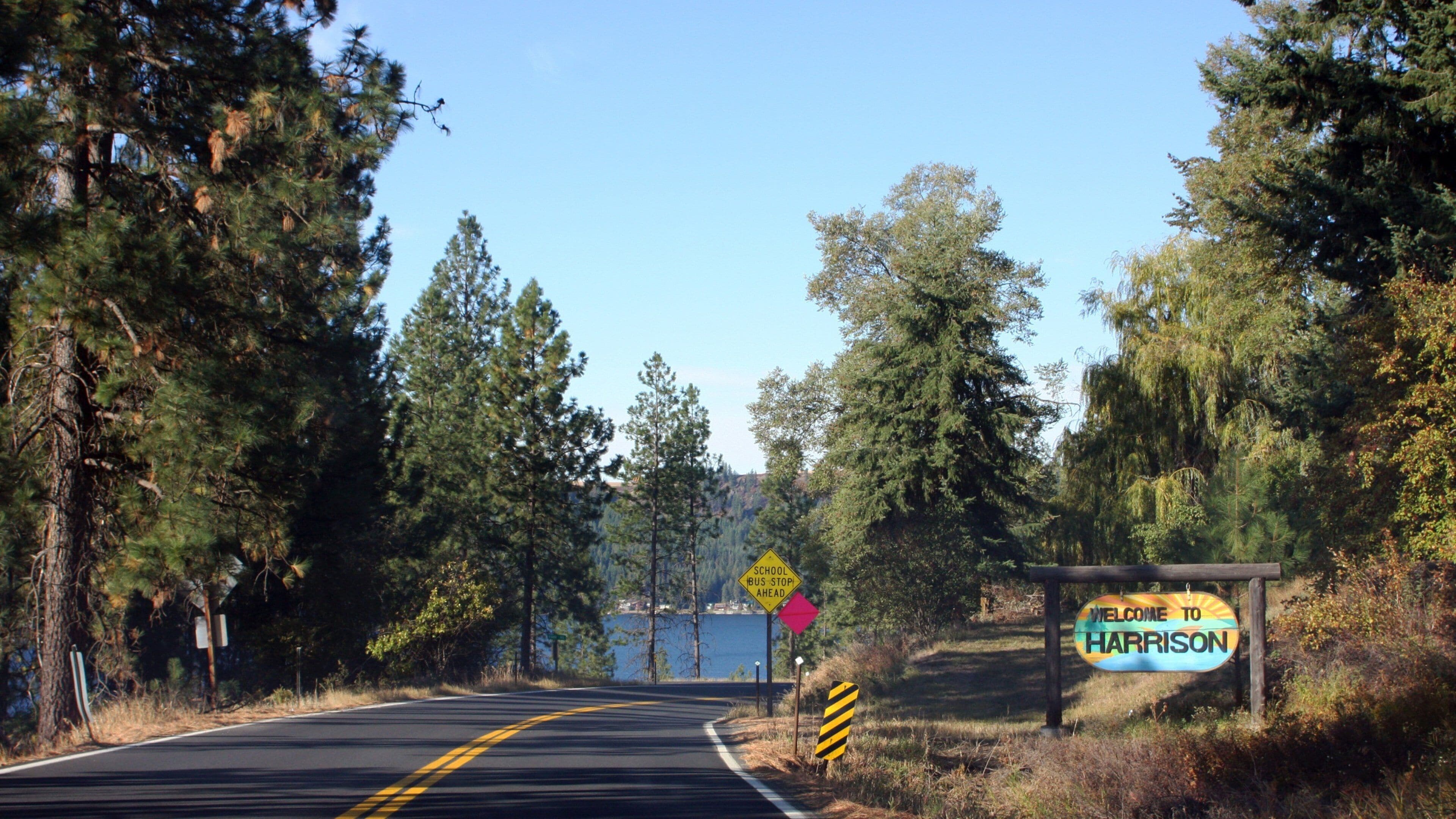 A road curving through a forest with a 'Welcome to Harrison' sign and a 'School Bus Stop Ahead' sign.