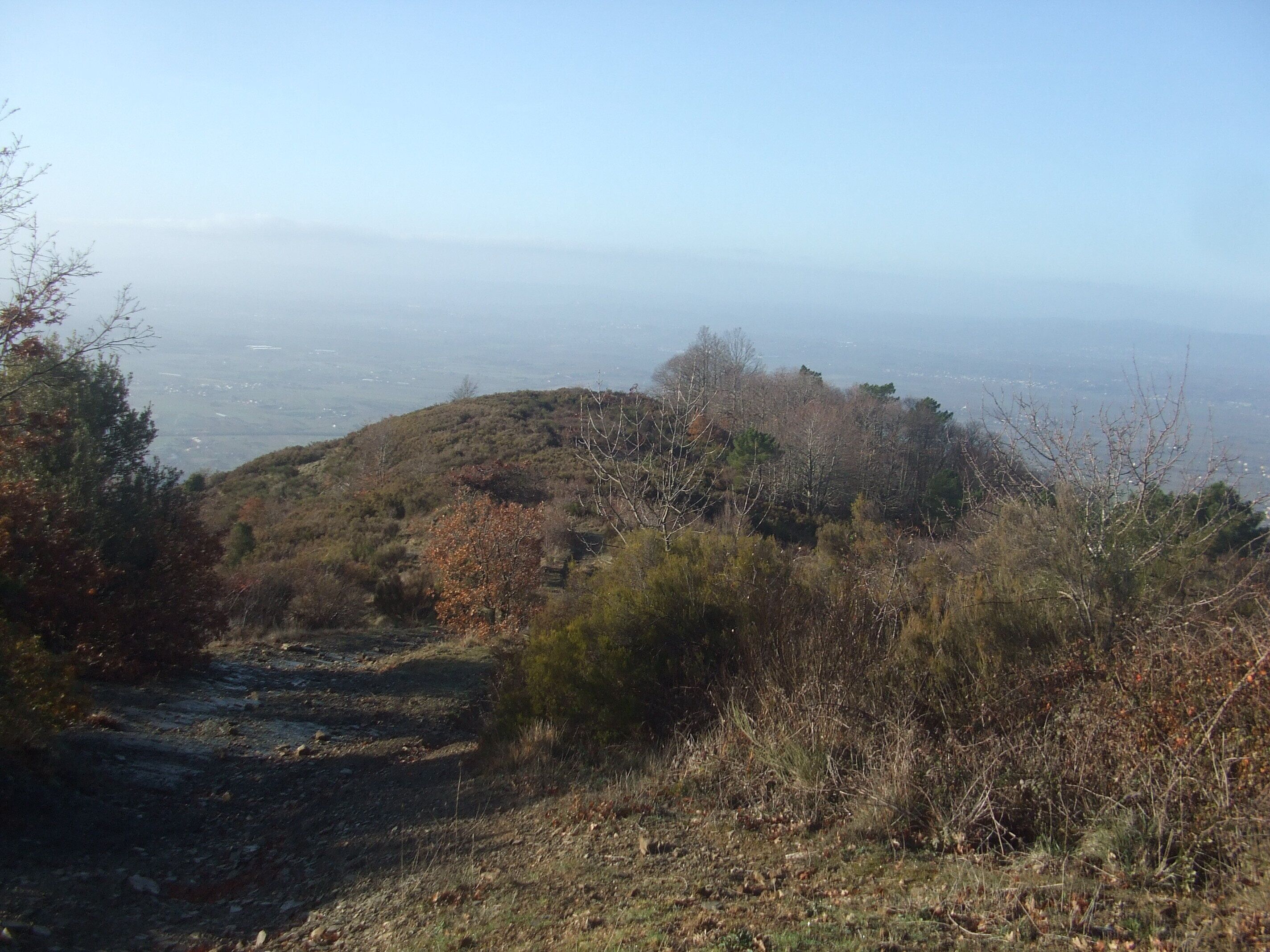 A hilly landscape with a dirt path leading up to a hilltop.