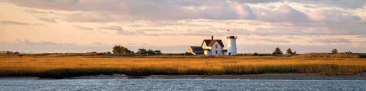 Stage Harbor Lighthouse at Sunrise at Chatham, Cape Cod in New England
