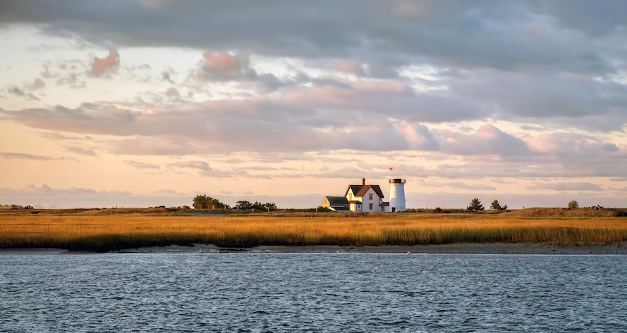 Stage Harbor Lighthouse at Sunrise at Chatham, Cape Cod in New England