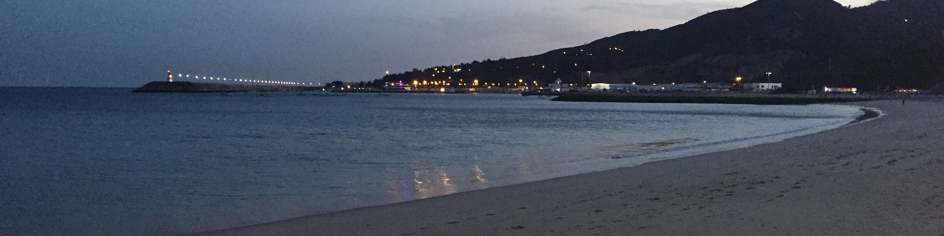 A beach with footprints leading to the water, a distant shoreline with lights, and a mountain in the background.