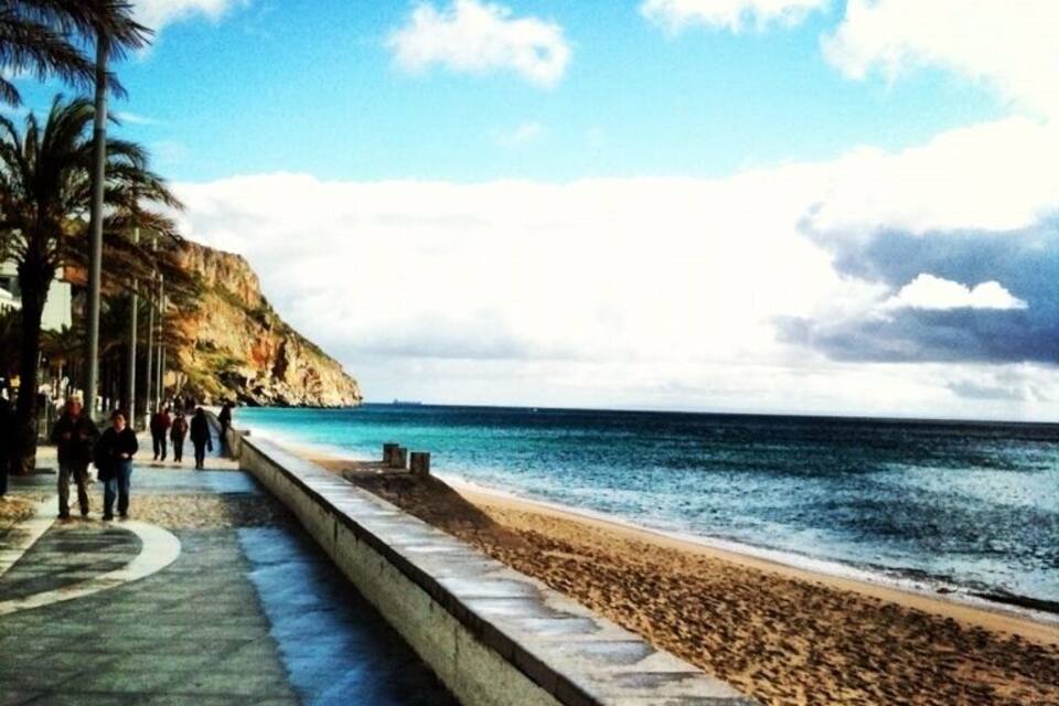 Ein Küstenweg mit Palmen, einem Strand und einer Klippe.