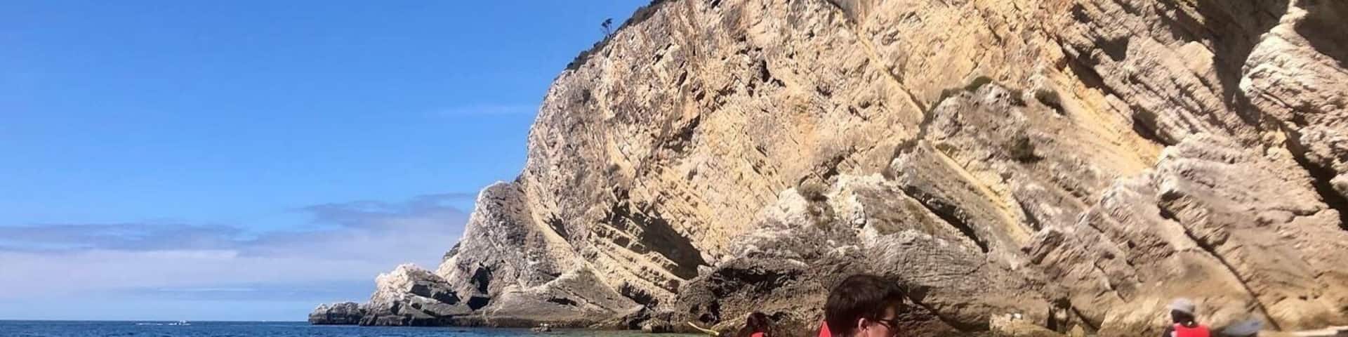 Kayakers on a clear sea with rocky cliffs in the background.