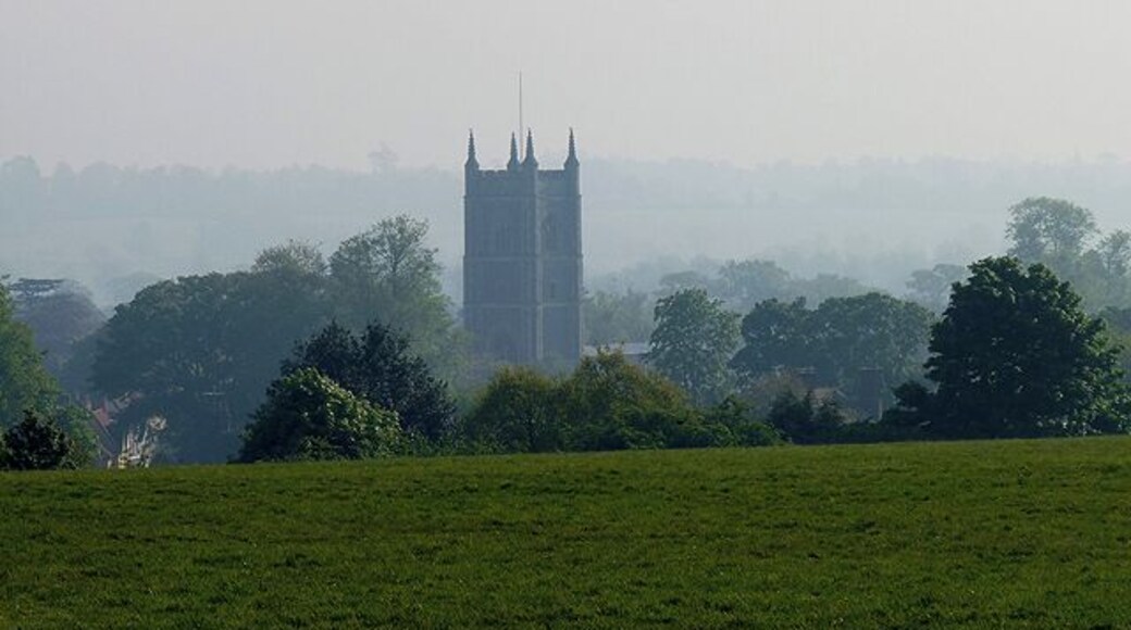 Dedham church from Moorat's Park. A similar view to 1054403 but on a misty Spring morning instead of a clear winter one.
