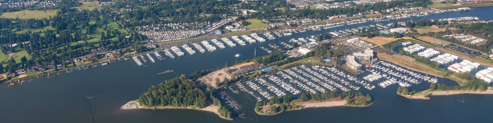 Tomahawk Island and Hayden bay and the Columbia River and city of Portland just west or Portland airport