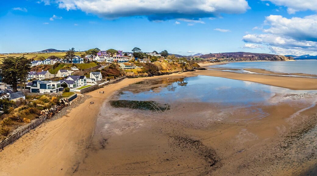 A panorama aerial view over the River Soch estuary from the town of Abersoch, Wales in springtime
