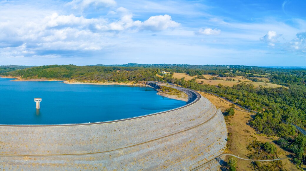 Aerial panorama of Cardinia Reservoir lake and dam wall