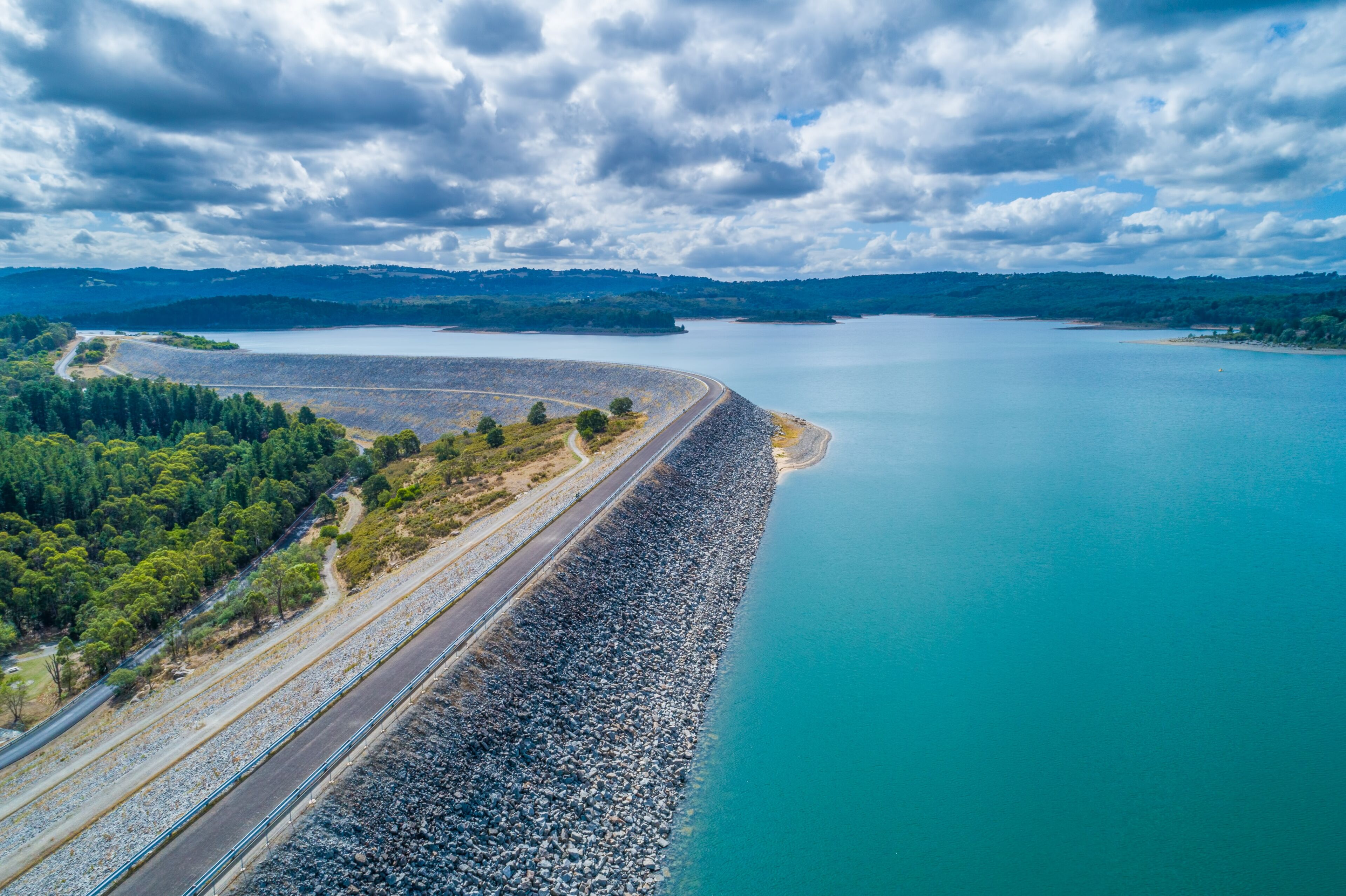 Cardinia Reservoir lake and dam wall - aerial view