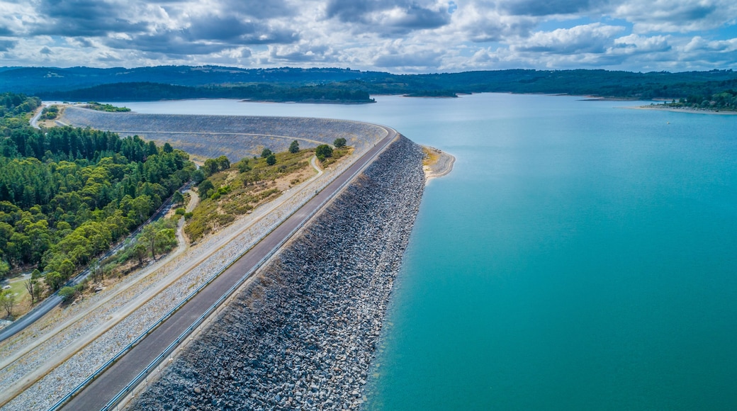Cardinia Reservoir lake and dam wall - aerial view